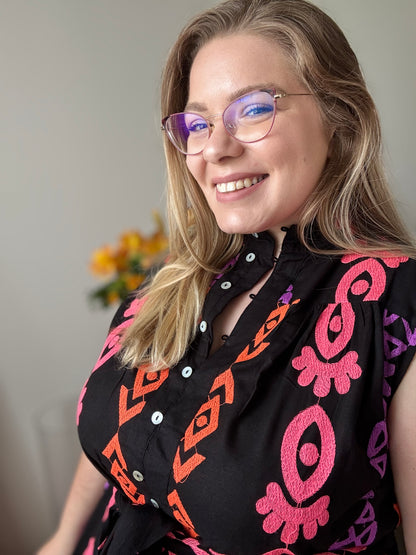Robe chemise brodée Noir Éclat
